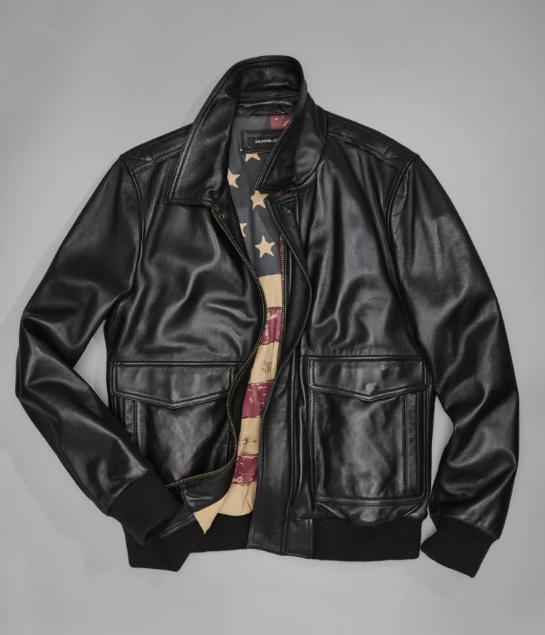 Wilsons Leather Chris Brown leather bomber jacket front detail