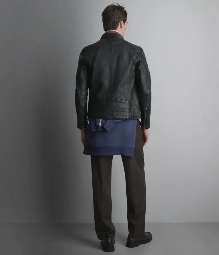 Wilsons Leather Lance Black collarless moto jacket back view