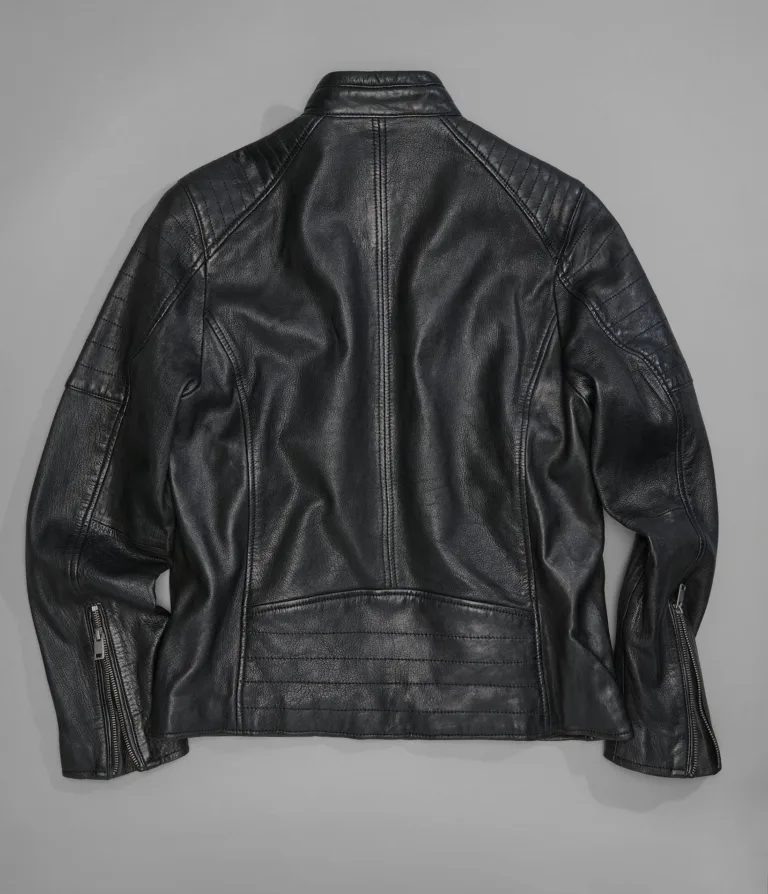 Wilsons Leather Lance Black collarless moto jacket back detail