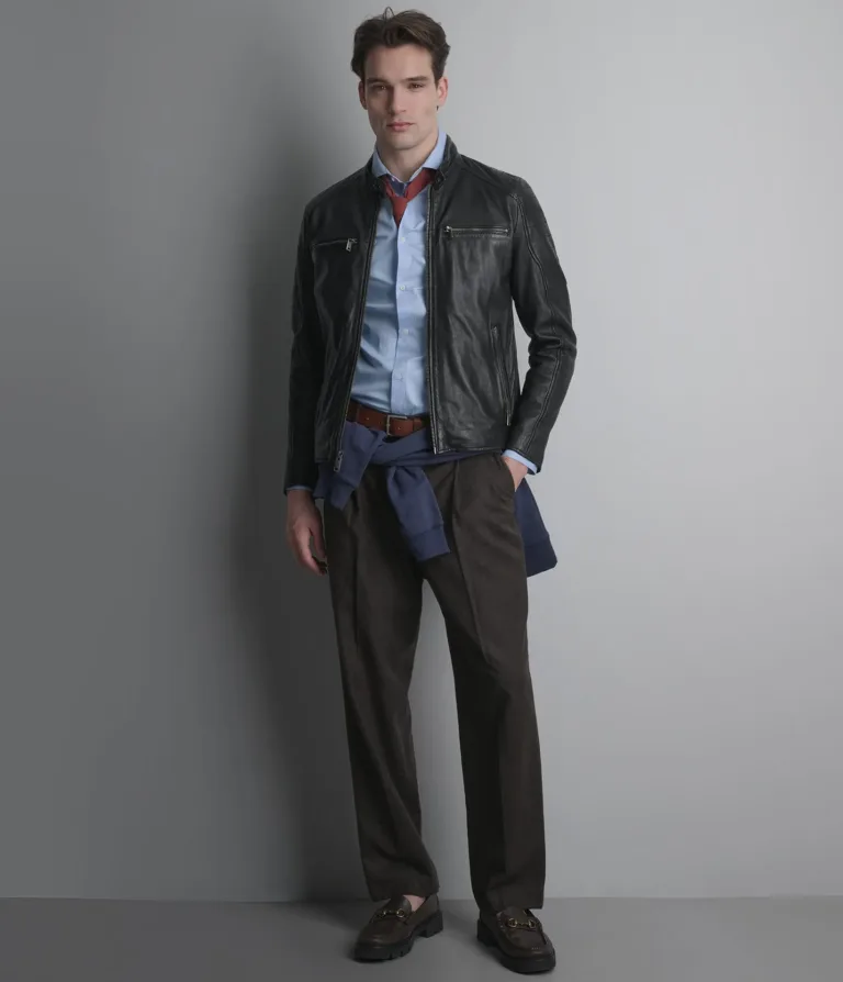 Wilsons Leather Lance Black collarless moto jacket side view