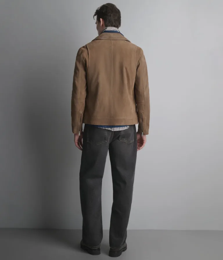 Wilsons Leather Joss Cognac suede moto jacket back view