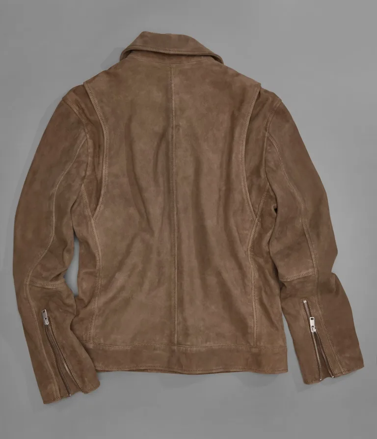 Wilsons Leather Joss Cognac suede moto jacket back detail