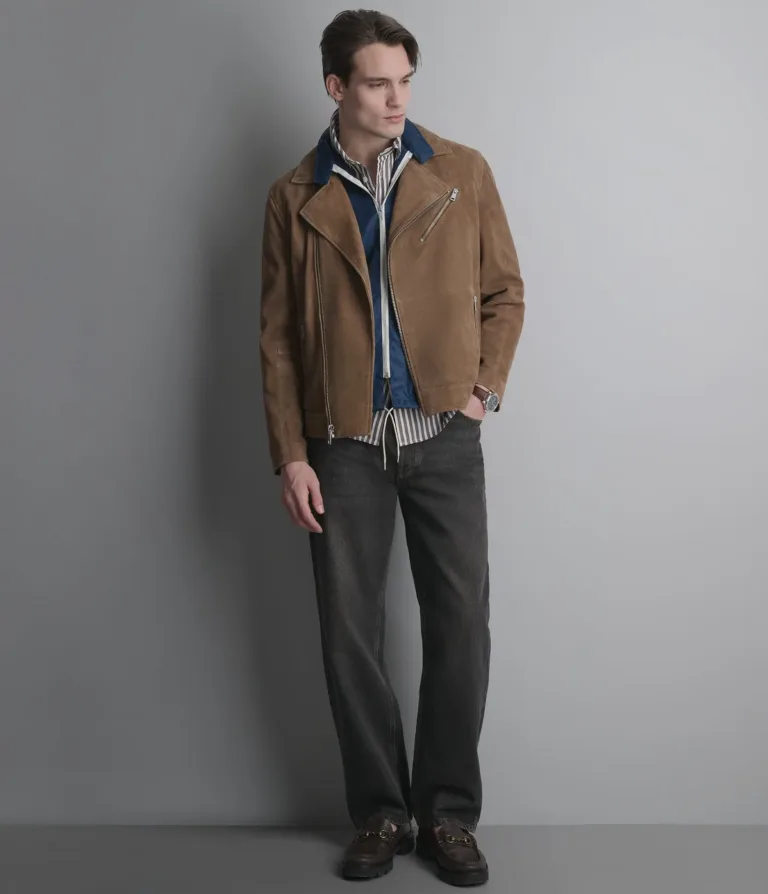 Wilsons Leather Joss Cognac suede moto jacket front view