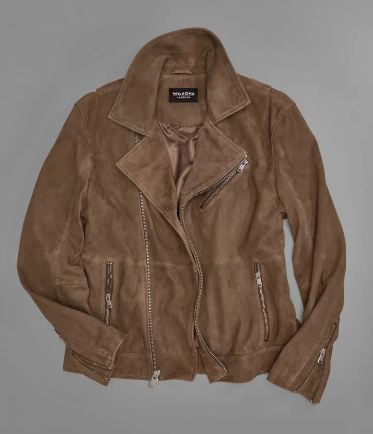 Wilsons Leather Joss Cognac suede moto jacket front detail