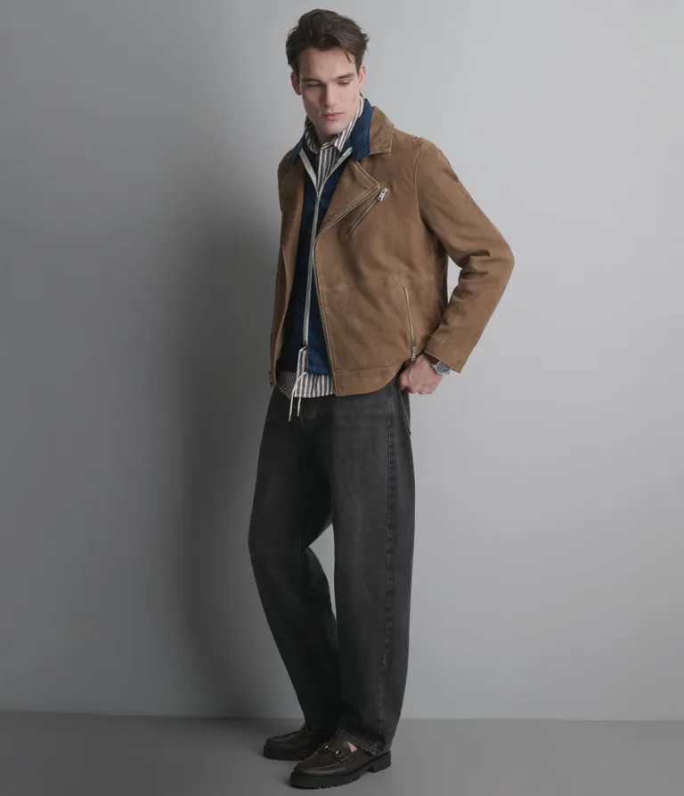 Wilsons Leather Joss Cognac suede moto jacket side view