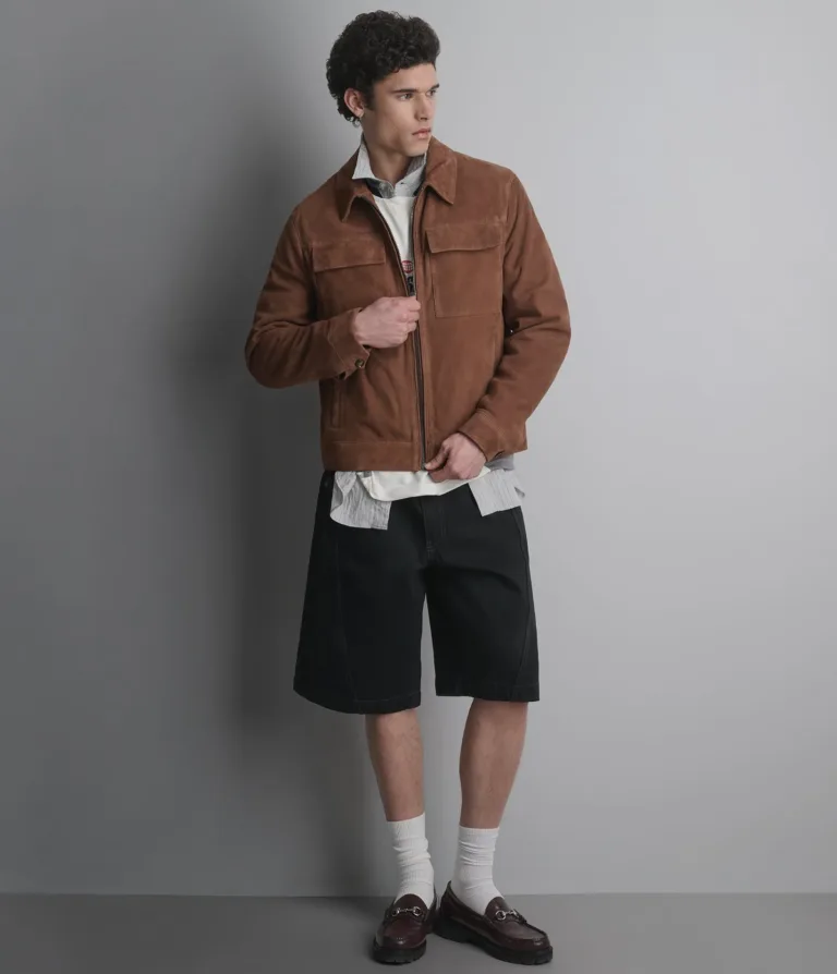 Wilsons Leather Banks Cognac suede shirt jacket alternate view 2
