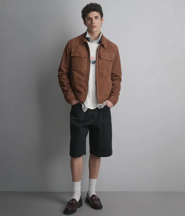Wilsons Leather Banks Cognac suede shirt jacket front detail