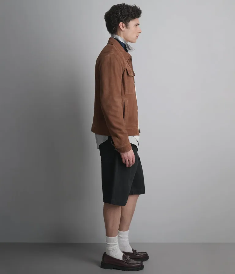 Wilsons Leather Banks Cognac suede shirt jacket side view