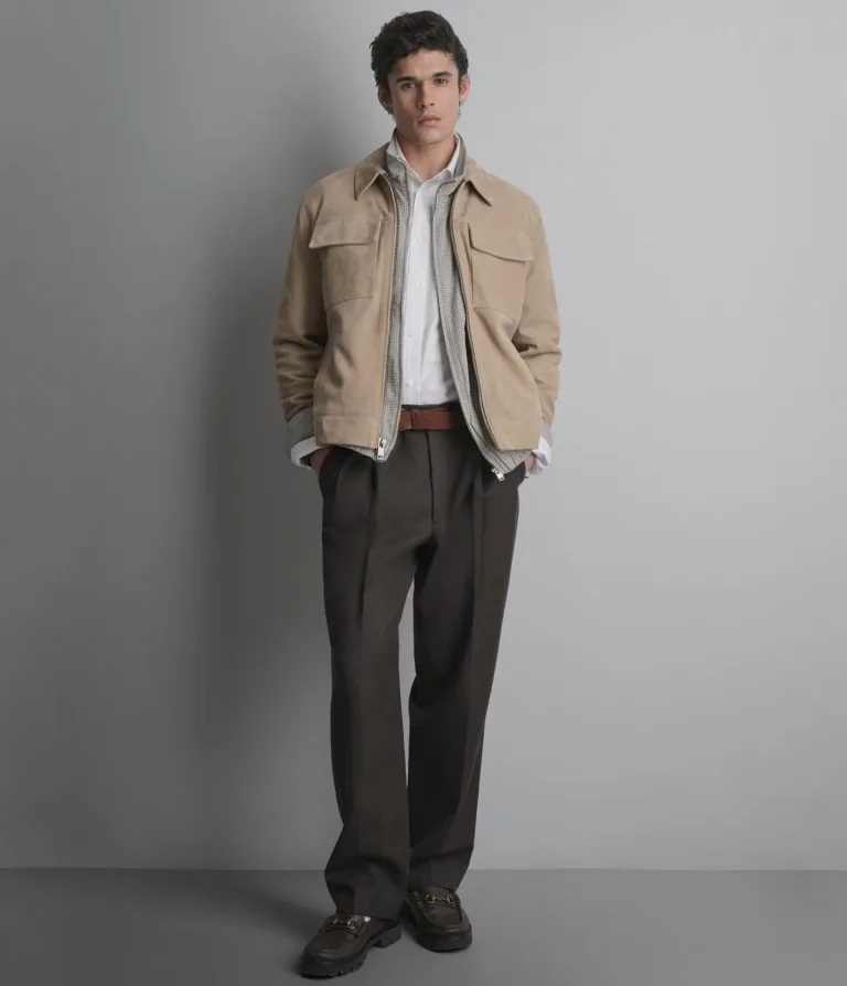 Wilsons Leather Banks Sand suede shirt jacket front detail
