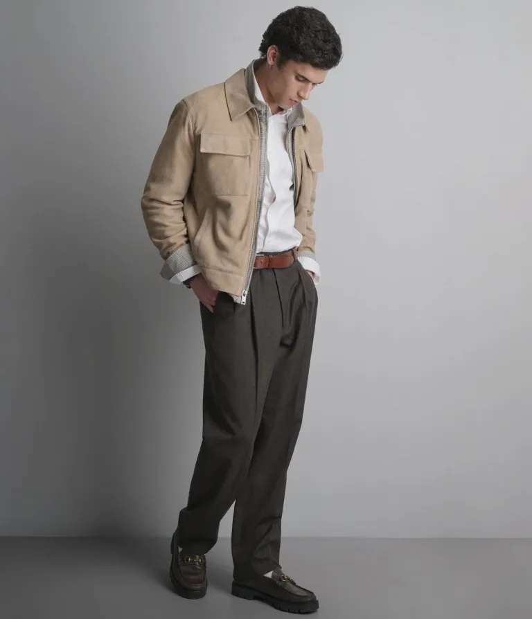Wilsons Leather Banks Sand suede shirt jacket side view