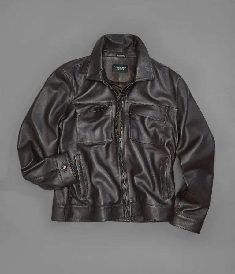 Wilsons Leather Emerson Brown zip shirt jacket front detail