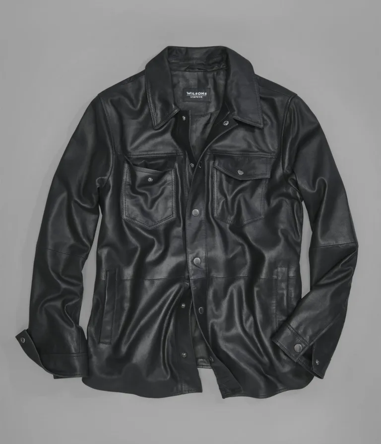 Wilsons Leather Wren Black leather shirt jacket front view