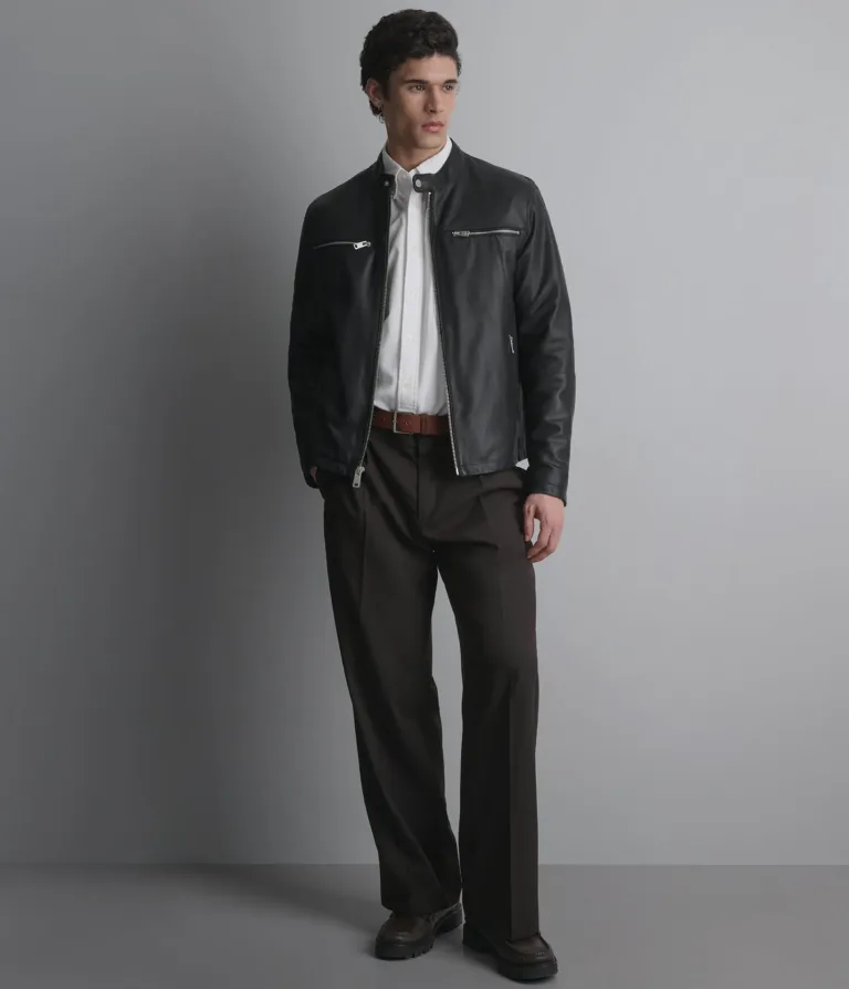 Wilsons Leather Quinton Black leather racer jacket front view