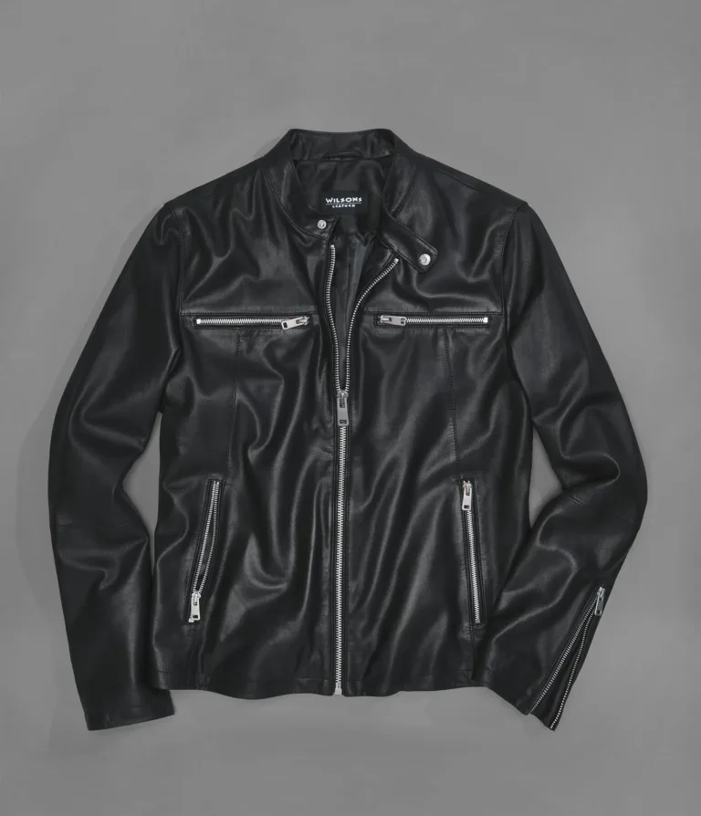 Wilsons Leather Quinton Black leather racer jacket front detail