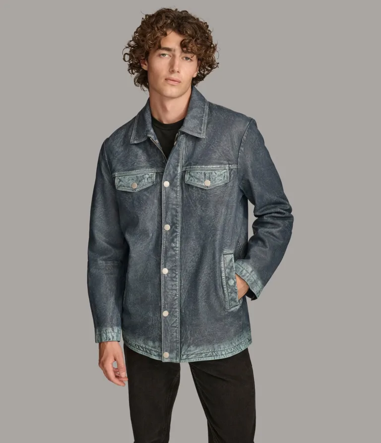 Wilsons Leather Nolan Medium Blue leather denim shirt jacket product view 1
