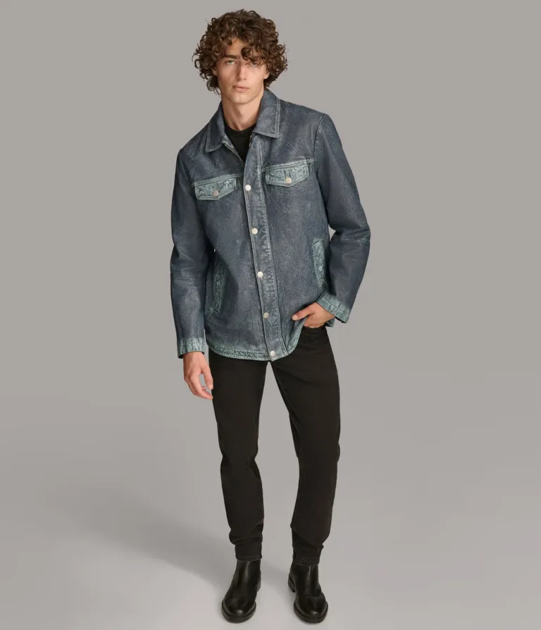 Wilsons Leather Nolan Medium Blue leather denim shirt jacket product view 6