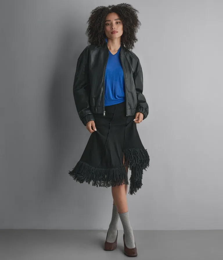 Bailen Cropped Leather Bomber Jacket in Black, official Wilsons Leather product photo 2