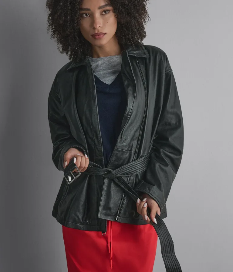 Monroe Leather Belted Asymmetric Moto Jacket in Black, official Wilsons Leather product photo 1