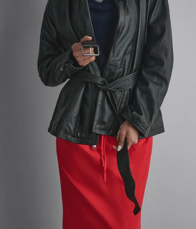Monroe Leather Belted Asymmetric Moto Jacket in Black, official Wilsons Leather product photo 7