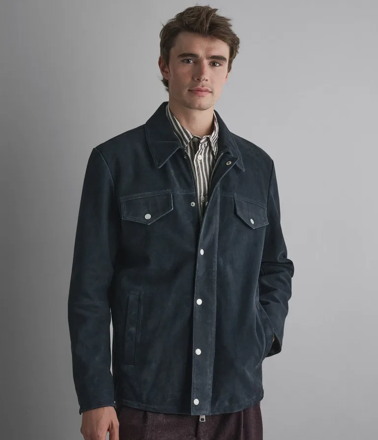 Wilsons Leather Wayne Navy suede shirt jacket detail view 1