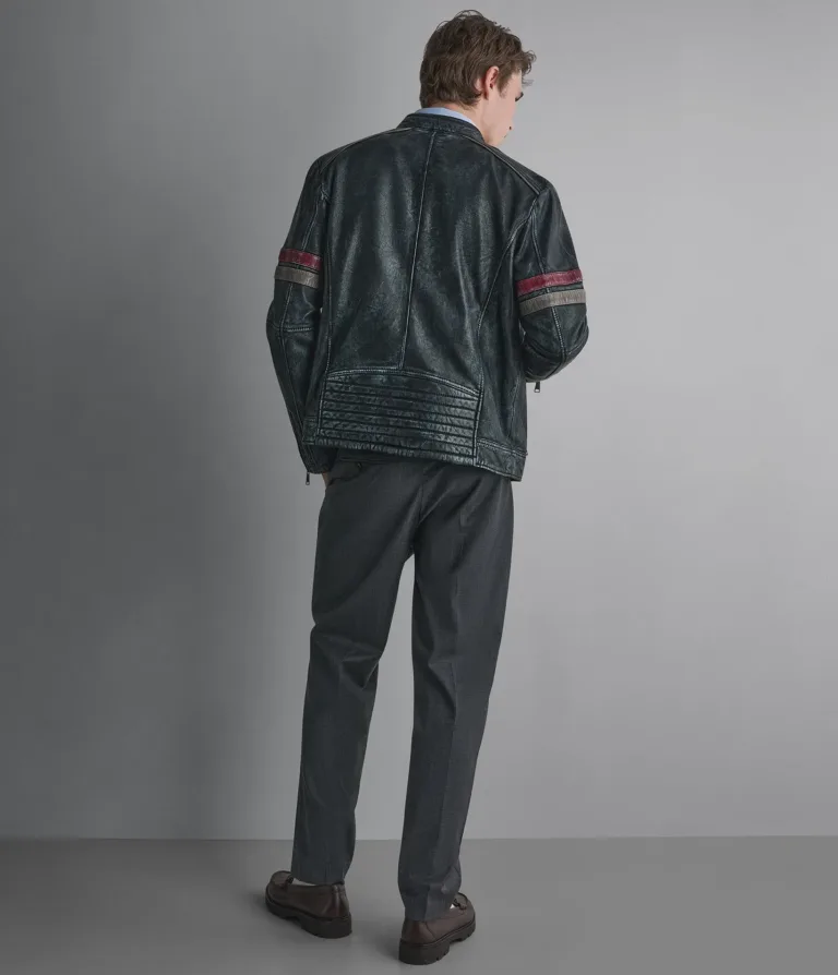 Lewis Denim Leather Striped Racer Jacket in Medium Blue, back, image 2 of 4.
