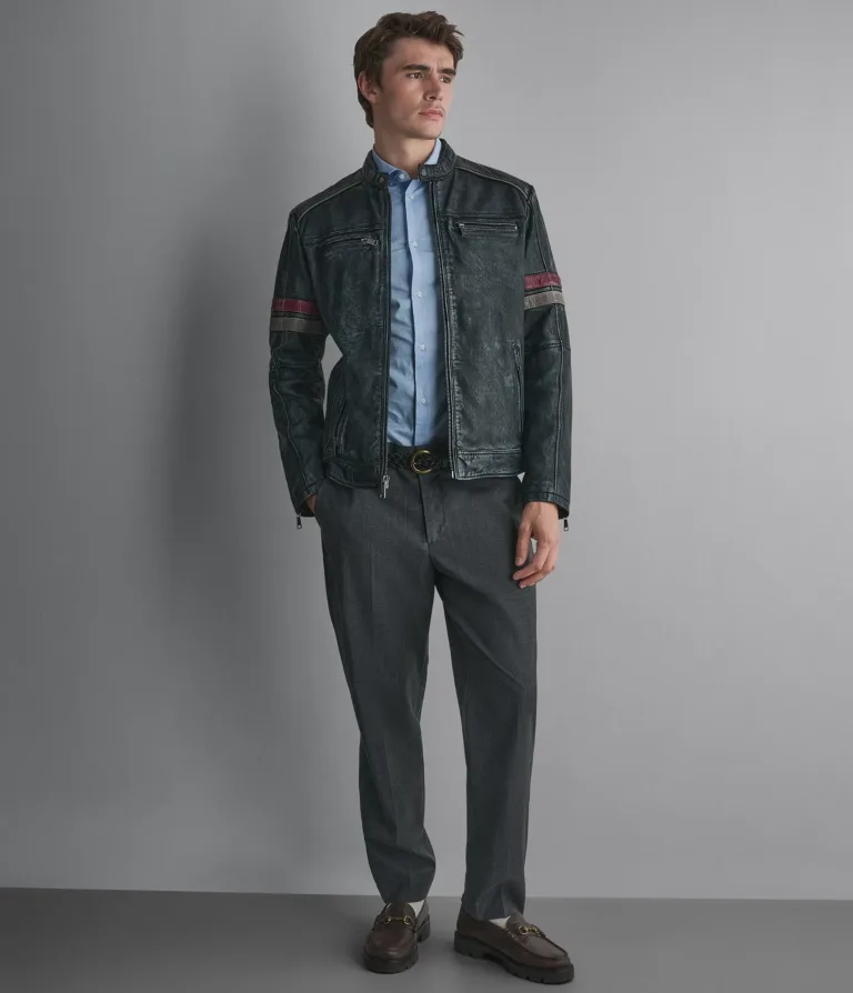 Lewis Denim Leather Striped Racer Jacket in Medium Blue, front, image 1 of 4.