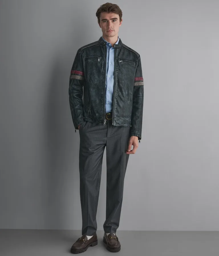 Lewis Denim Leather Striped Racer Jacket in Medium Blue, gallery view 4, image 4 of 4.