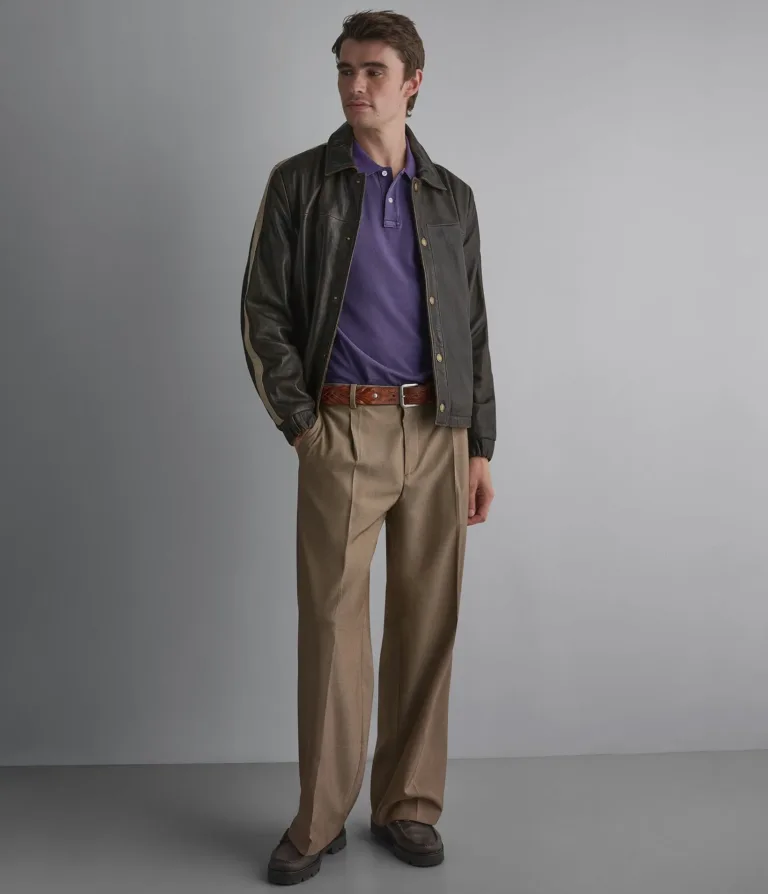 Wilsons Leather Trent striped track jacket in Rusty Brown, front view