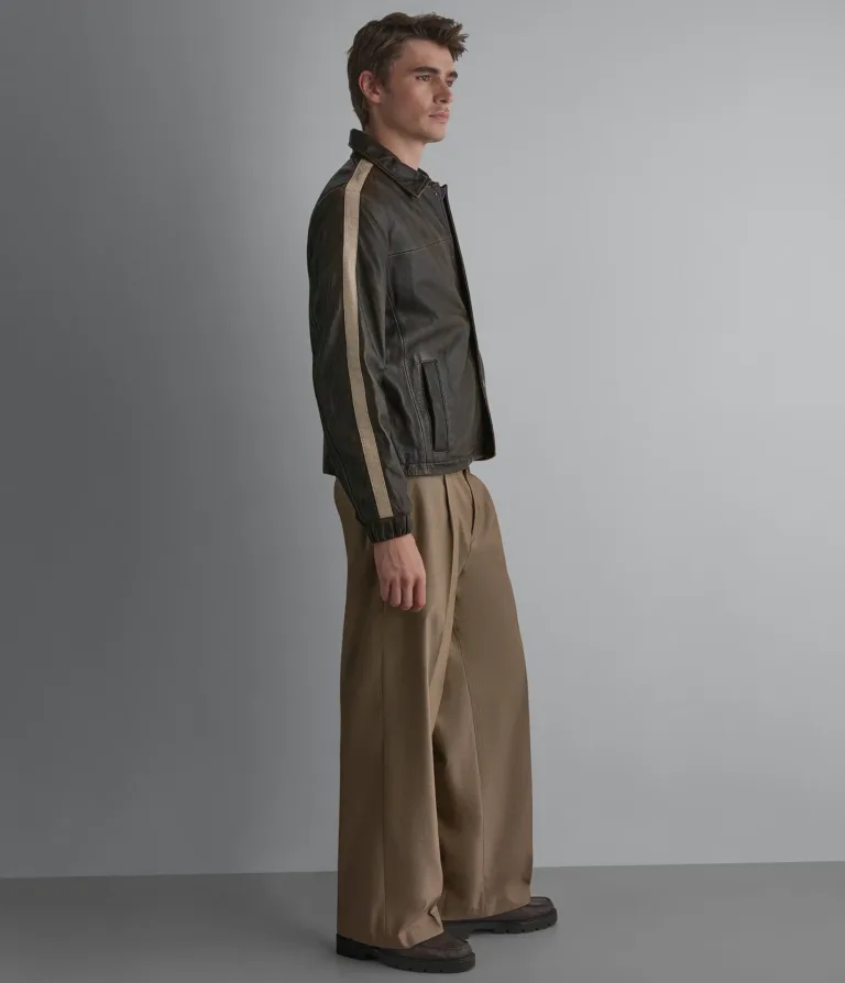 Wilsons Leather Trent striped track jacket in Rusty Brown, side view