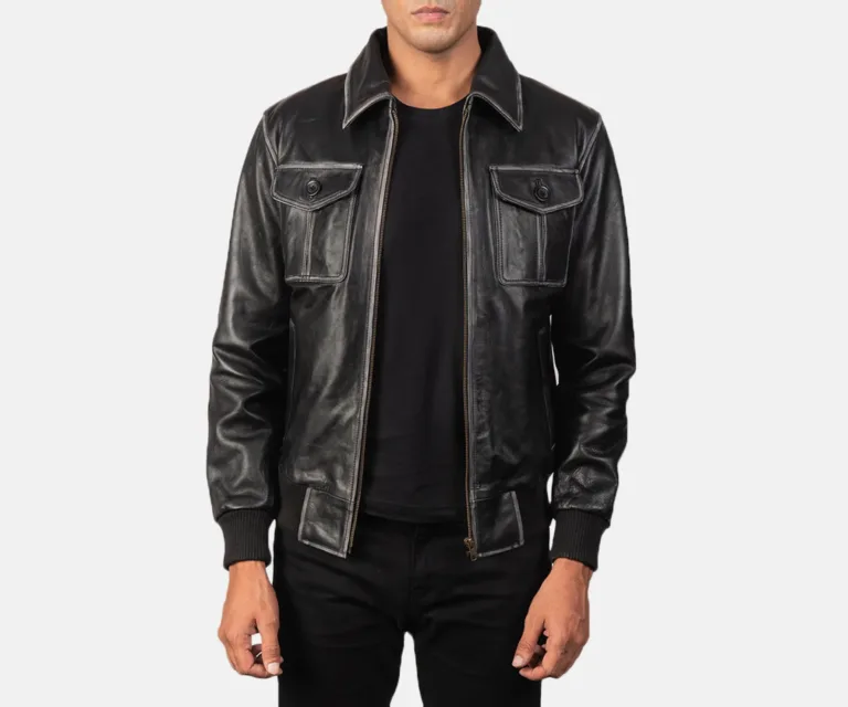 Aaron Black Leather Bomber Jacket