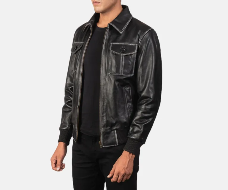 Aaron Black Leather Bomber Jacket — view 2
