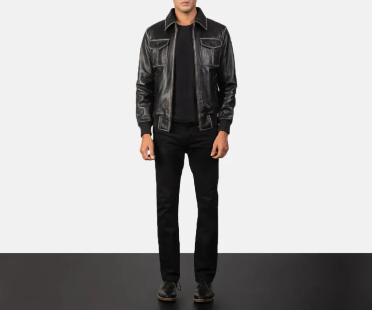 Aaron Black Leather Bomber Jacket — view 3