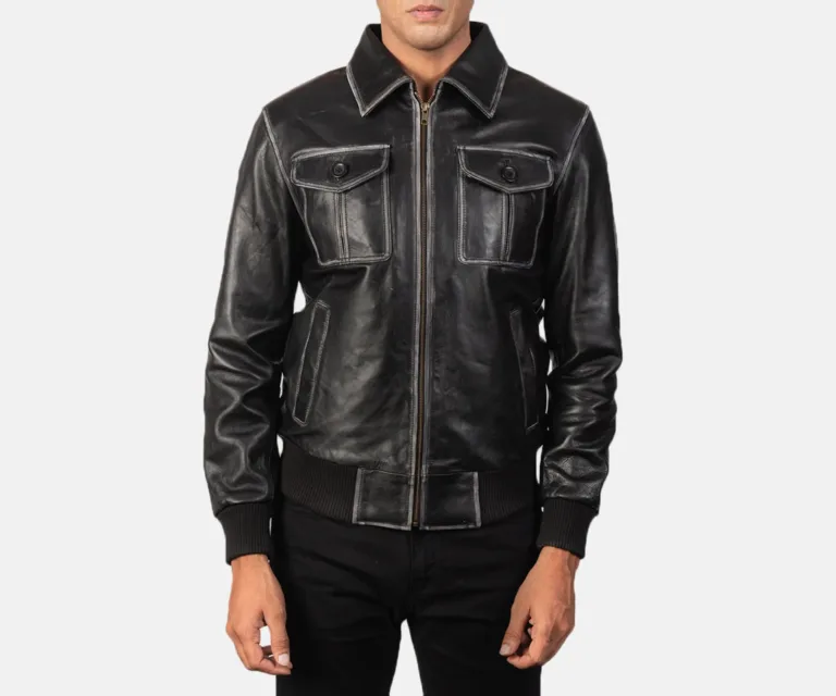 Aaron Black Leather Bomber Jacket — view 4