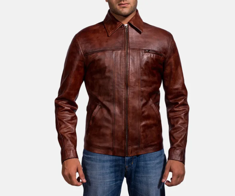 Abstract Maroon Leather Jacket — Front Open Hero Presentation