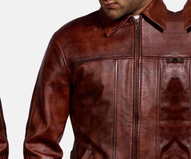 Abstract Maroon Leather Jacket — Front Zipped Placket & Shirt Collar Detail