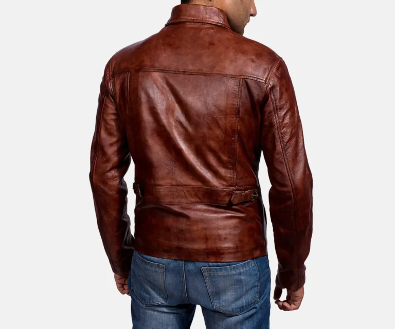Abstract Maroon Leather Jacket — Rear Back View & Clean Hemline