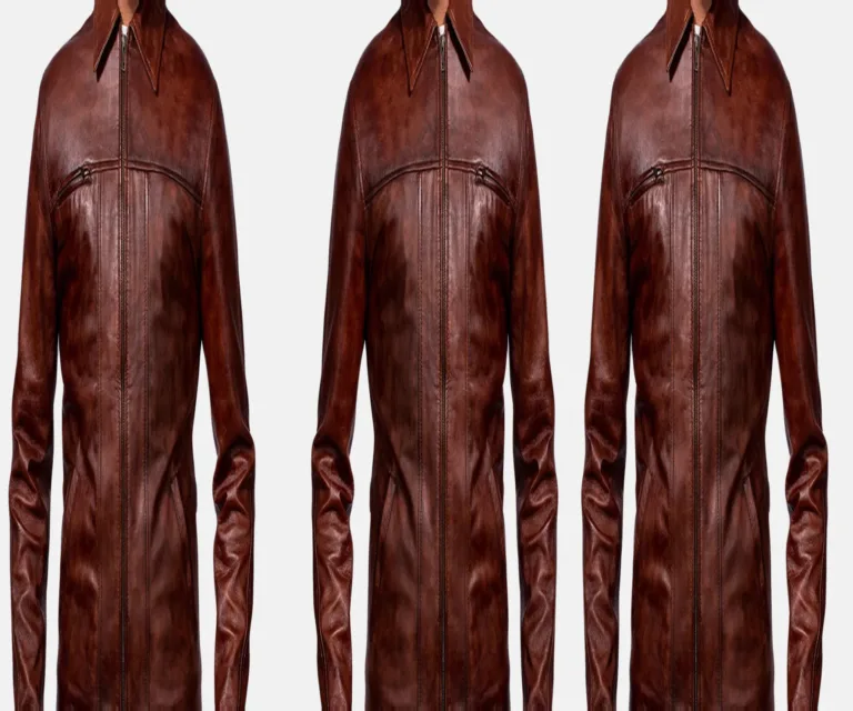 Abstract Maroon Leather Jacket — Macro Detail Burnished Maroon Patina & Waist Buckles