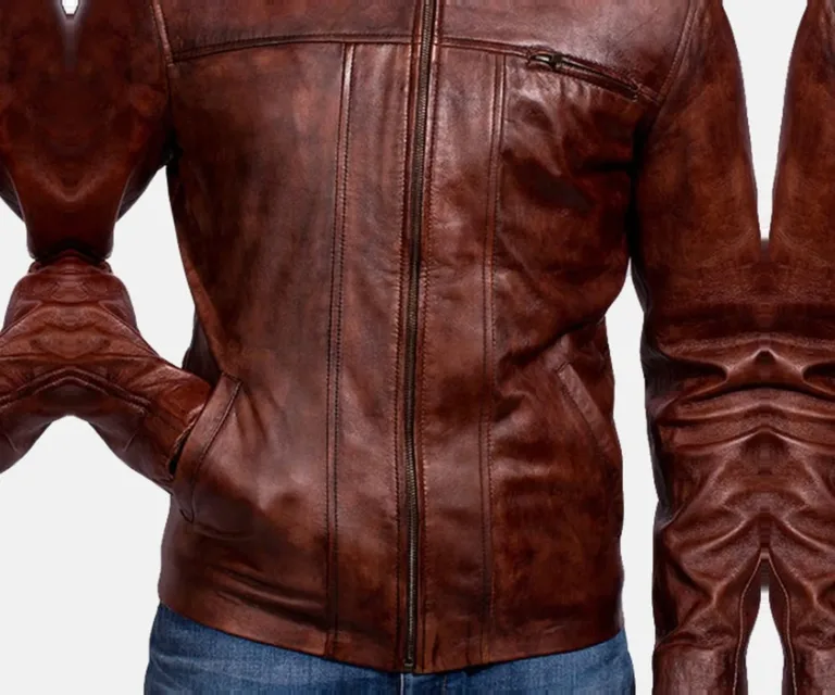 Abstract Maroon Leather Jacket — Editorial Full-Length Head-to-Toe Model Presentation