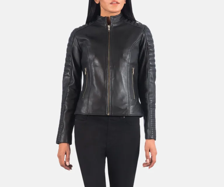 Adalyn Quilted Black Leather Biker Jacket Luxury Women's Biker Jacket — Three-Quarter Editorial Perspective