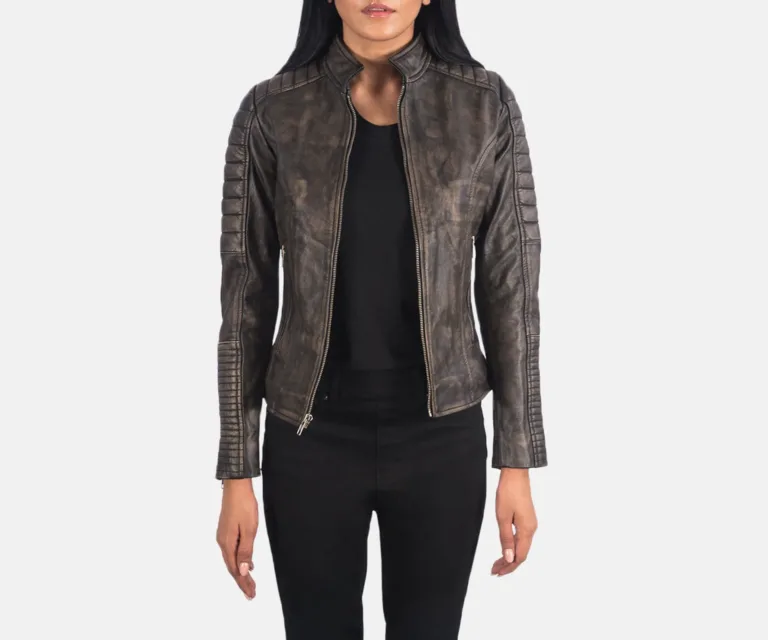 Adalyn Quilted Distressed Brown Leather Biker Jacket Luxury Women's Biker Jacket — Front Silhouette Hero Presentation