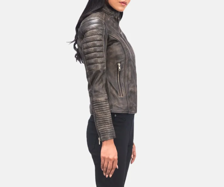 Adalyn Quilted Distressed Brown Leather Biker Jacket Luxury Women's Biker Jacket — Three-Quarter Editorial Perspective