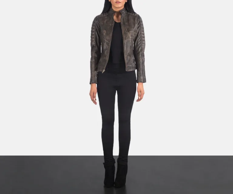 Adalyn Quilted Distressed Brown Leather Biker Jacket Luxury Women's Biker Jacket — Asymmetrical Zipper & Lapel Architecture