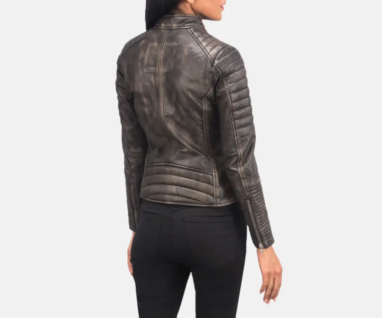 Adalyn Quilted Distressed Brown Leather Biker Jacket Luxury Women's Biker Jacket — Macro Hardware & Leather Grain