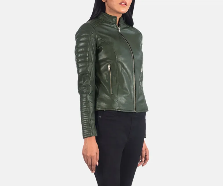 Adalyn Quilted Green Leather Biker Jacket Luxury Women's Biker Jacket — Three-Quarter Editorial Perspective