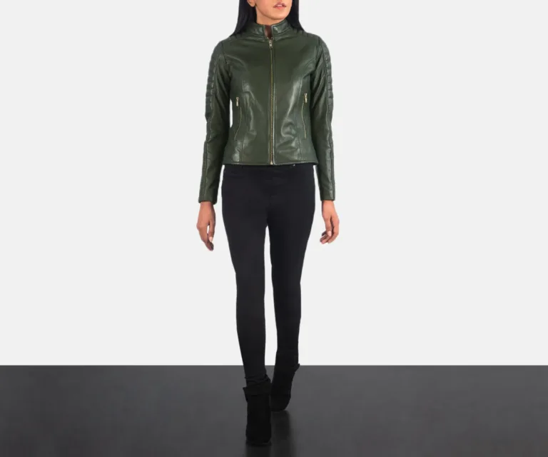 Adalyn Quilted Green Leather Biker Jacket Luxury Women's Biker Jacket — Asymmetrical Zipper & Lapel Architecture