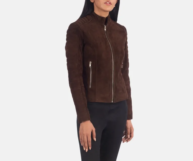 Adalyn Quilted Mocha Suede Biker Jacket Luxury Women's Biker Jacket — Three-Quarter Editorial Perspective