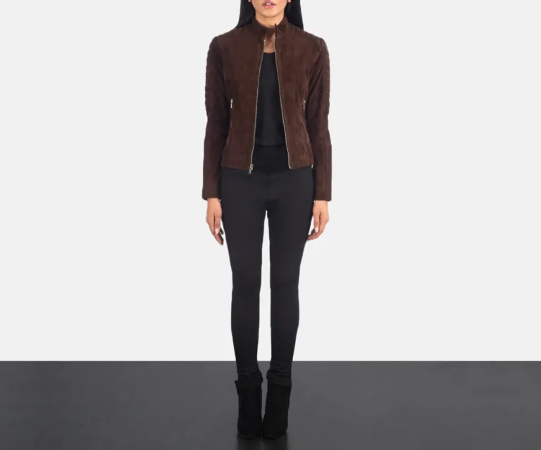 Adalyn Quilted Mocha Suede Biker Jacket Luxury Women's Biker Jacket — Rear Profile & Tailored Seaming