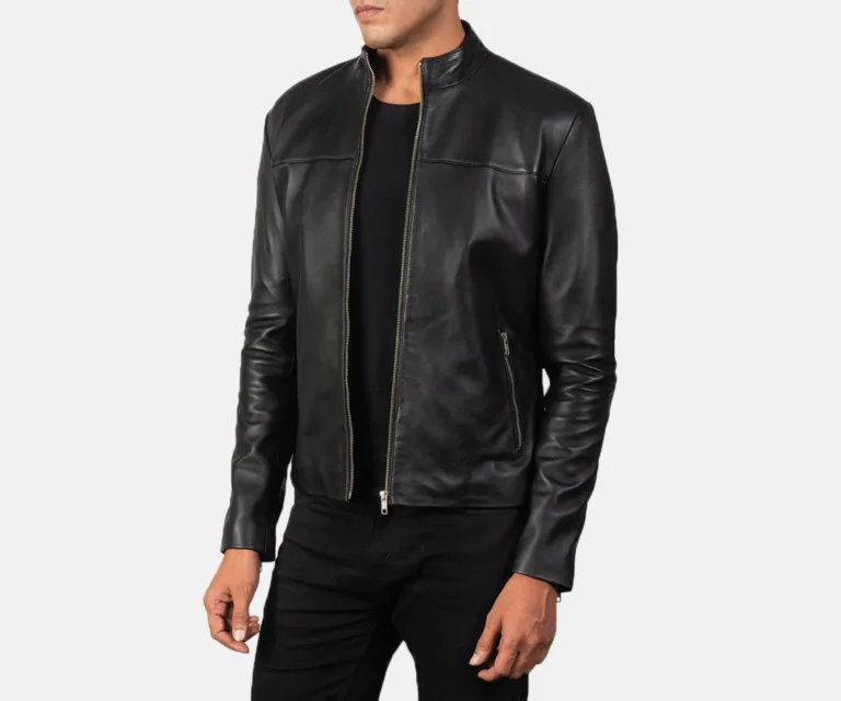 Adornica Black Leather Biker Jacket — Quarter Angle Side Profile & Contoured Sleeve Detail