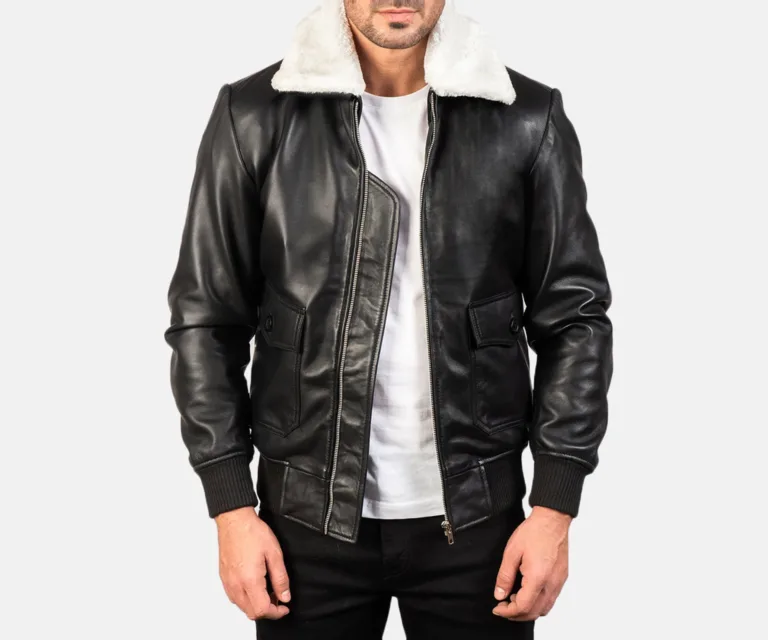 Airin G-1 Black & White Leather Bomber Jacket — Front Open Hero Presentation