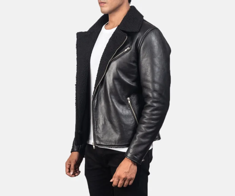Alberto Shearling Black Leather Jacket — Quarter Angle Profile & Contoured Sleeve Detail